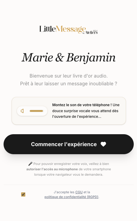 Aperçu sur smartphone du livre d’or audio digital de Marie et Benjamin : commencer l’expérience